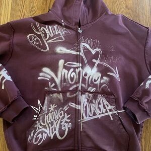 YoungLA for her Burgundy Graphic Zip Hoodie
